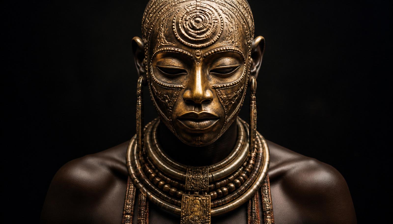 A figure adorned in sculptural brass jewelry against a dark background