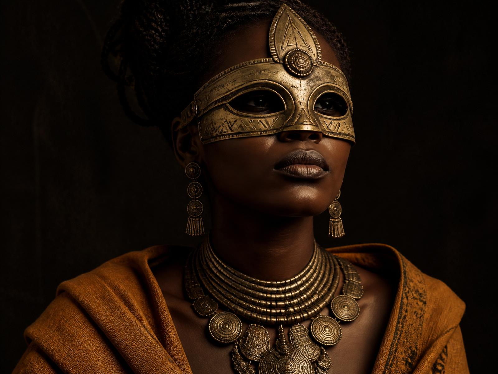 Woman in brass ceremonial mask and layered bronze necklaces