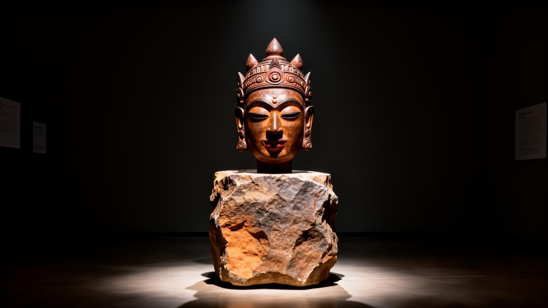 A ritual mask on a stone pedestal lit by a single spotlight in a gallery