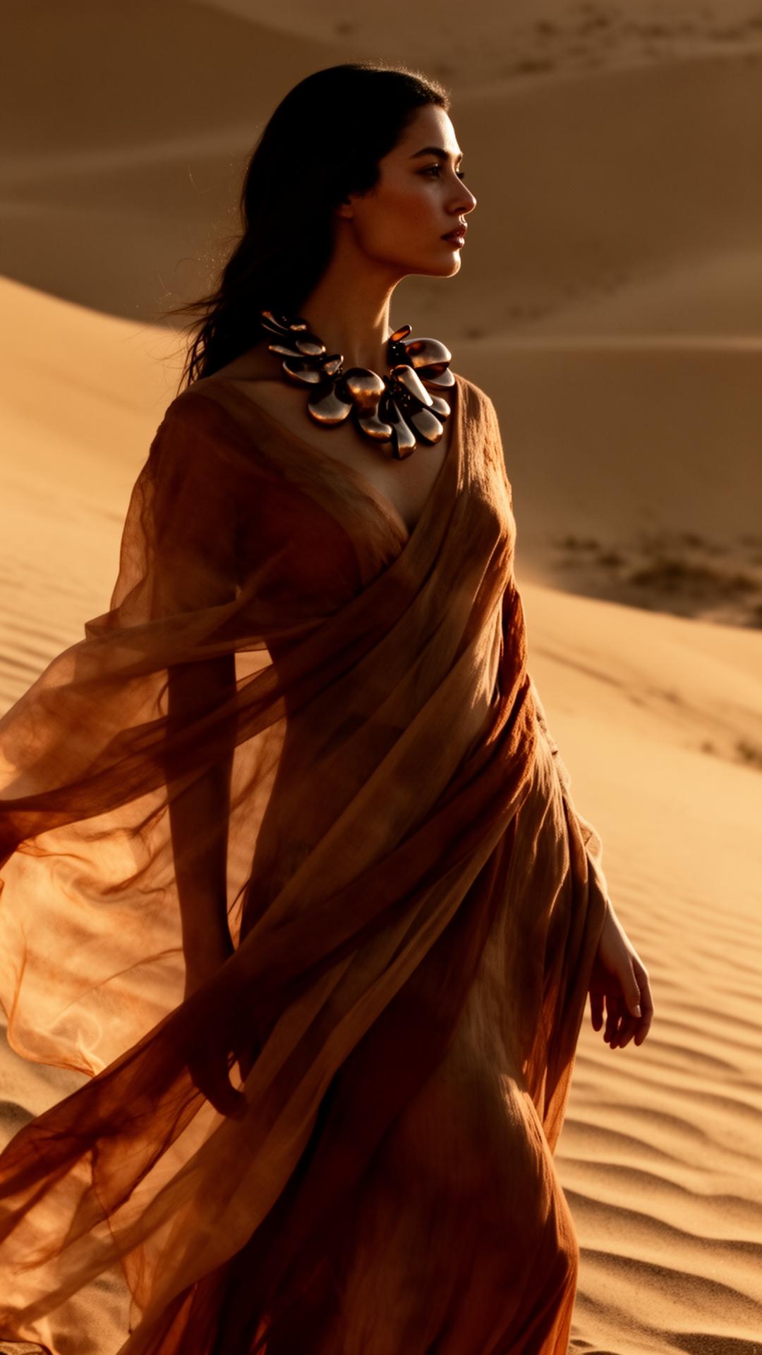 A woman draped in earth-toned cloth wears a sculptural neckpiece in the desert