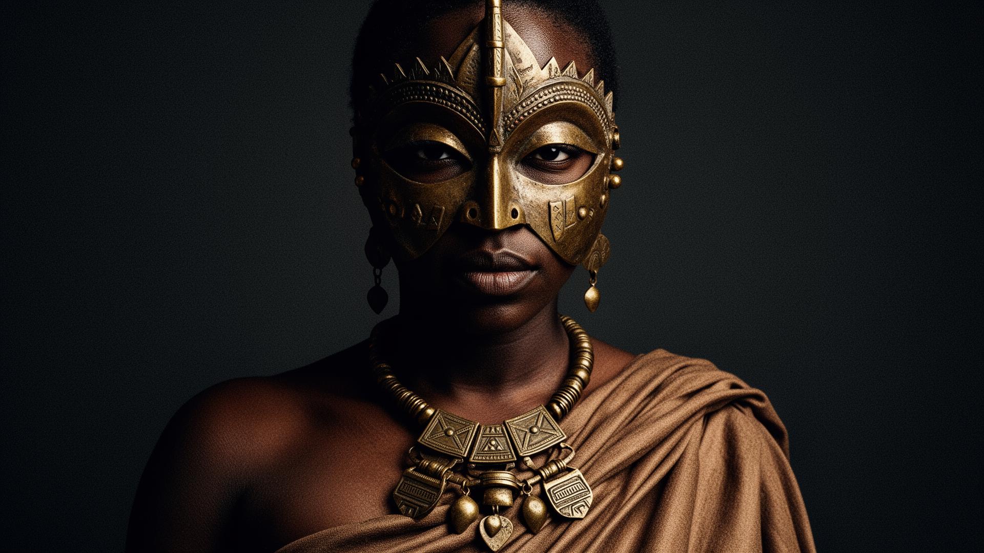 A figure adorned in a sculptural brass mask and ceremonial necklace
